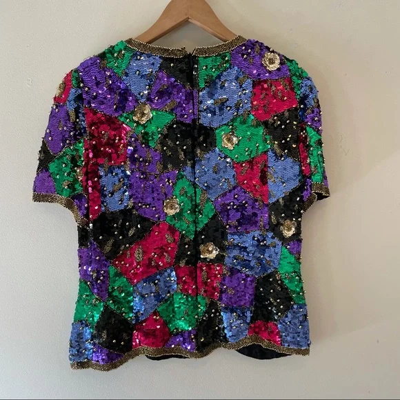 Vintage Black Tie Oleg Cassini Multi Colored Sequin Festival Top - Picture 3 of 4